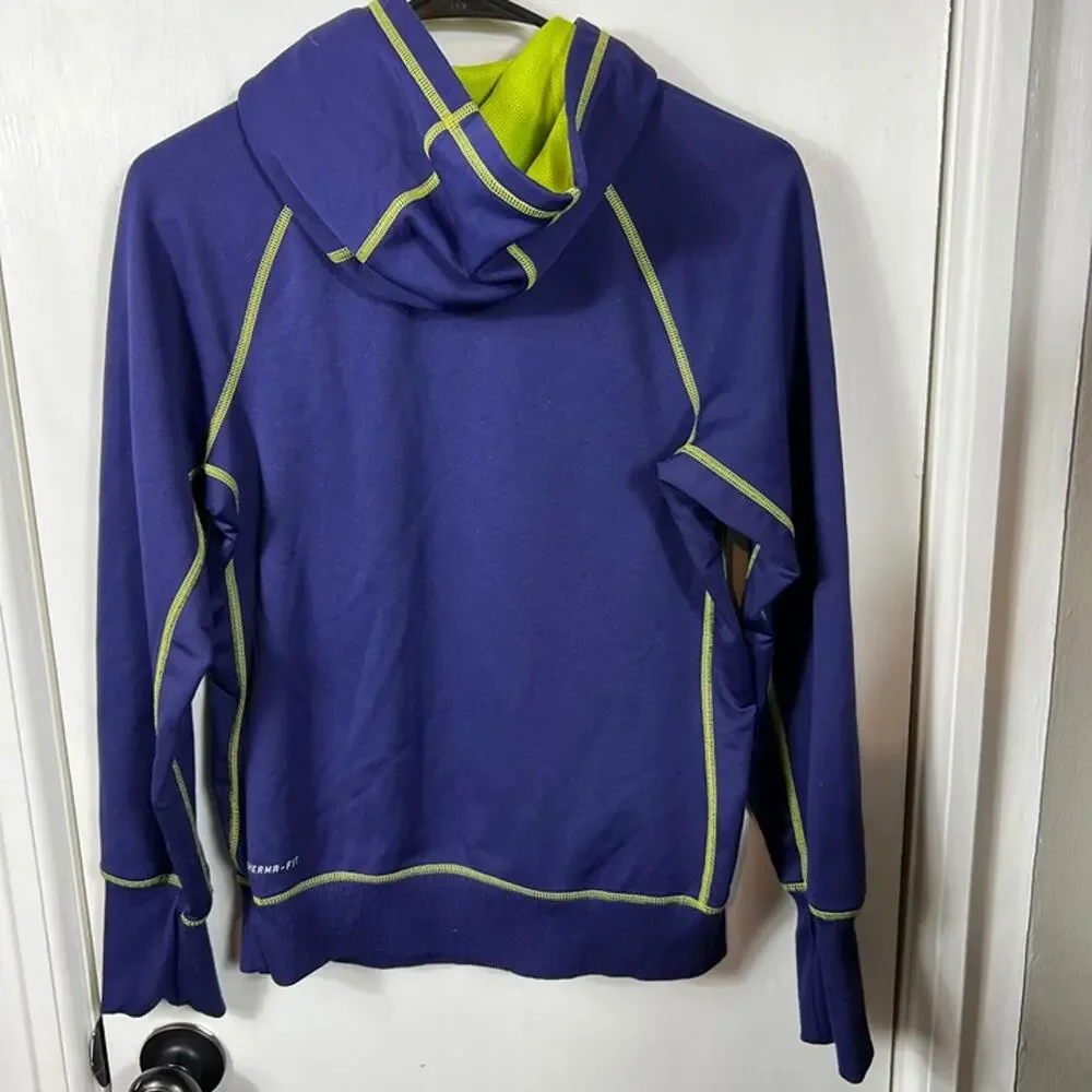 Nike Therma-FIT Purple Fleece Hoodie Lime Contrast Swoosh Pullover Women’s Small